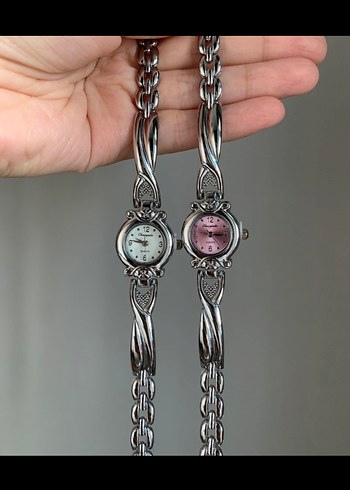 Gri ve Pembe Zincir Detaylı Vintage Kadın Saatleri