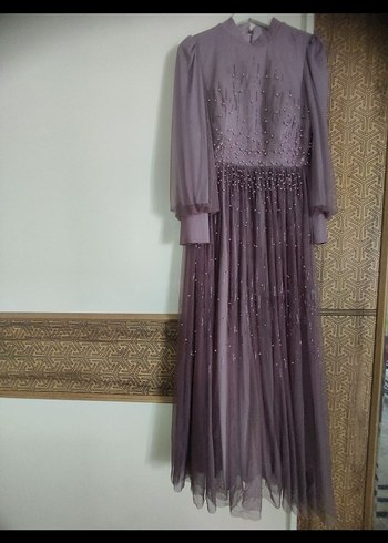 Uzun Kollu Nakışlı Mor Vintage Abiye Elbise