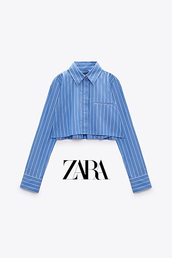 Zara | Mavi Çizgili Poplin Crop Pamuk Gömlek