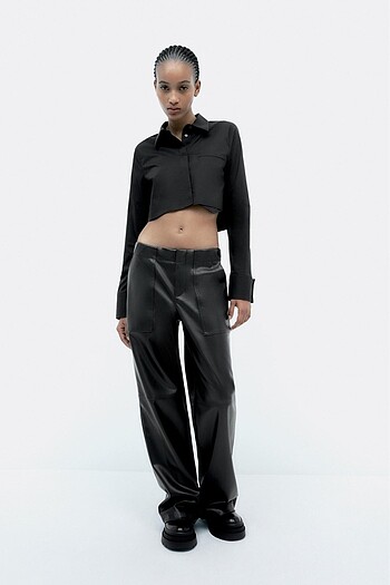 xs Beden siyah Renk Zara | Siyah Poplin Crop Gömlek