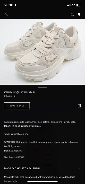 36 Beden Zara | Ekru Beyaz Deri Karma Koşu Spor Ayakkabı