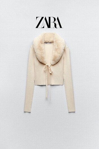 Zara | Ekru Kırçıllı Triko Hırka | Tüy Kürklü