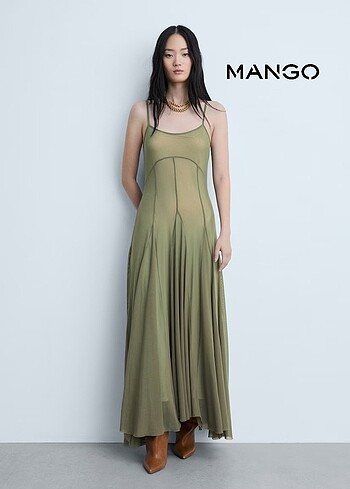 Mango | Tül Asimetrik Askılı Pastel Yeşil Mint Elbise