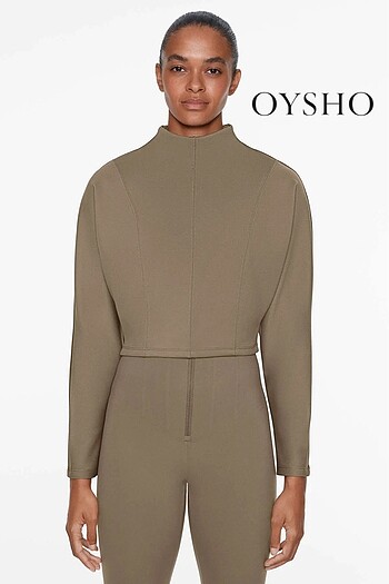 OYSHO | Neopren Görünümlü Crop Sweatshirt Haki | Vizon Gri