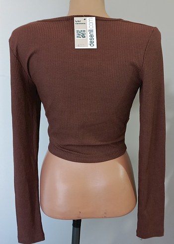 Kahverengi Pilili Uzun Kollu Kadın Crop - Görsel 4