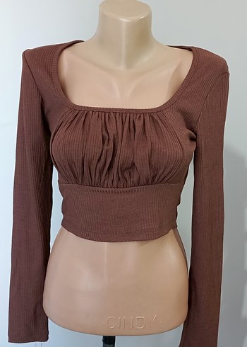 Kahverengi Pilili Uzun Kollu Kadın Crop - Görsel 3