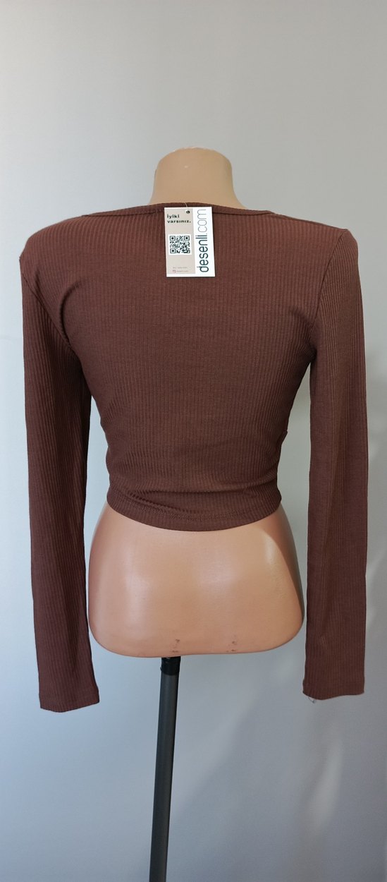 Kahverengi Pilili Uzun Kollu Kadın Crop - Görsel 4