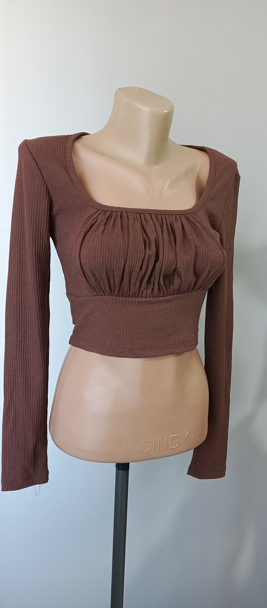 Kahverengi Pilili Uzun Kollu Kadın Crop - Görsel 2