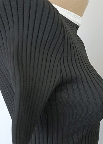 Siyah Beyaz Kenarlı Kısa Kollu Kadın Kazak - Görsel 5