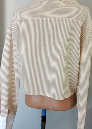 Bej Çizgili Pamuklu Düğmeli Kadın Gömlek - Görsel 4