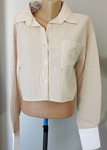 Bej Çizgili Pamuklu Düğmeli Kadın Gömlek - Görsel 3
