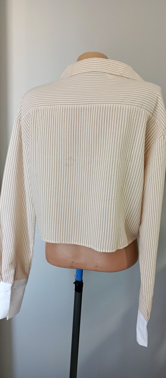 Bej Çizgili Pamuklu Düğmeli Kadın Gömlek - Görsel 4