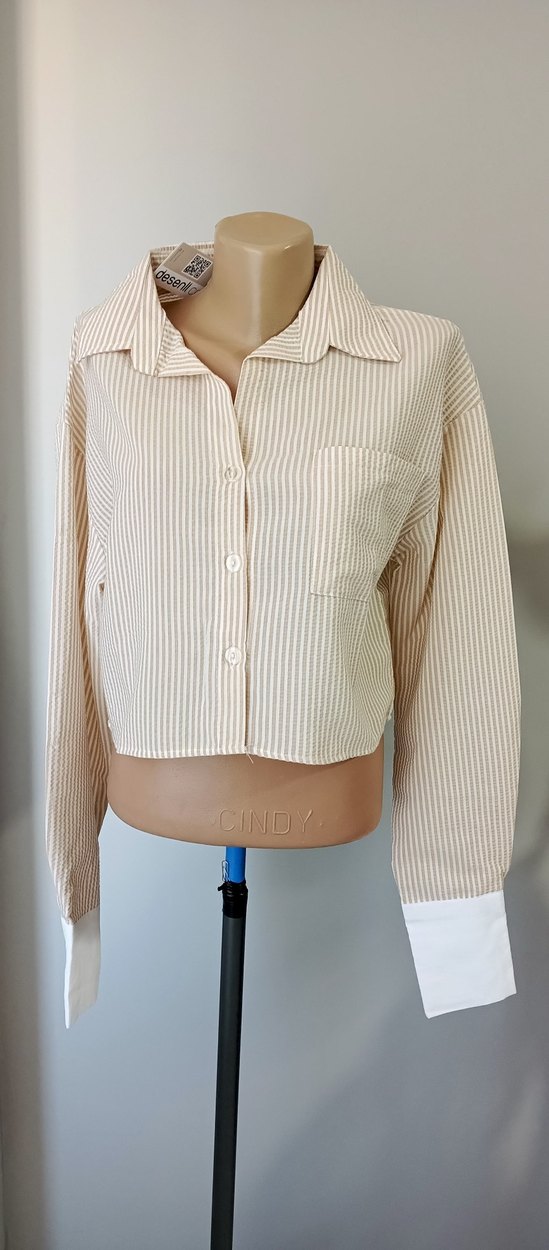 Bej Çizgili Pamuklu Düğmeli Kadın Gömlek - Görsel 3
