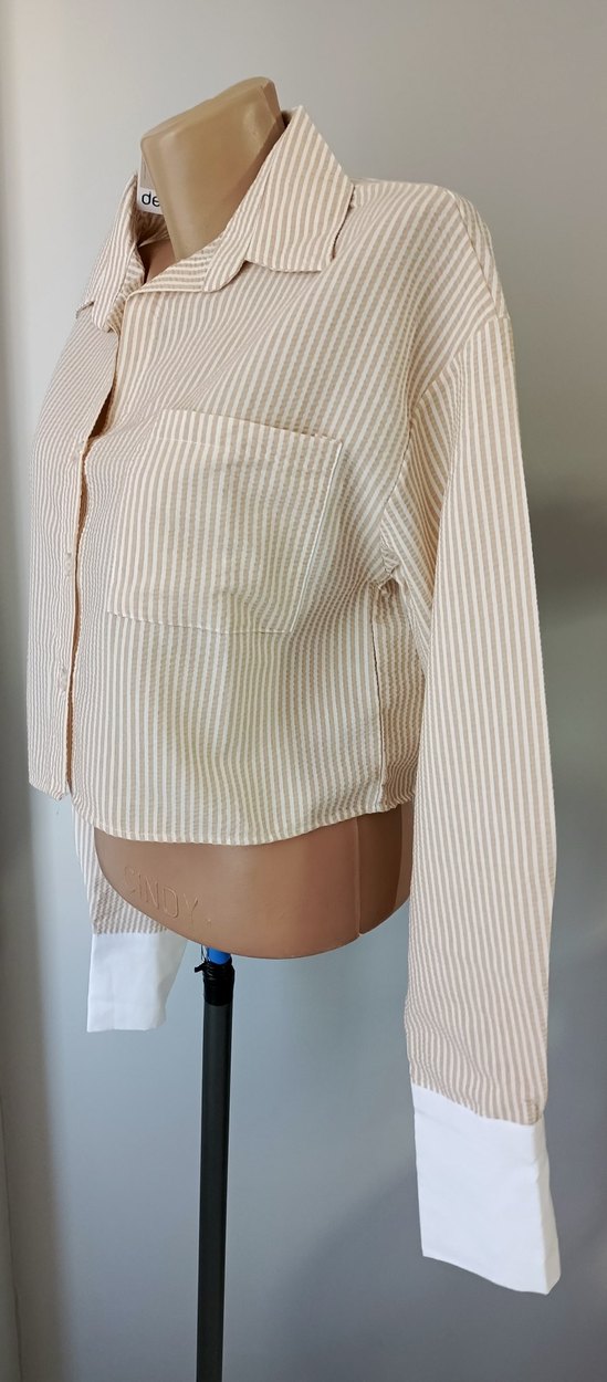 Bej Çizgili Pamuklu Düğmeli Kadın Gömlek - Görsel 2