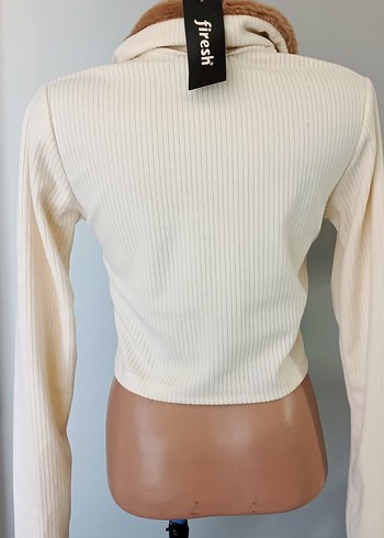 Peluş Yaka Düğmeli Bej Kadın Kazak - Görsel 4