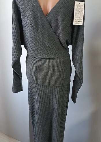 Gri V Yakalı Uzun Triko Kadın Takım - Görsel 3