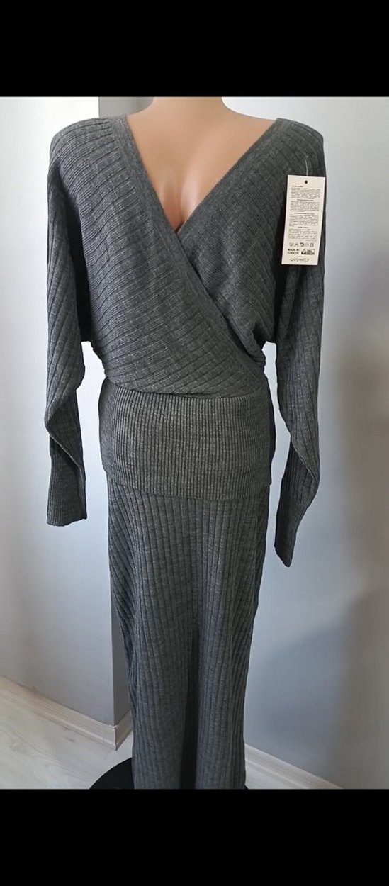 Gri V Yakalı Uzun Triko Kadın Takım - Görsel 3
