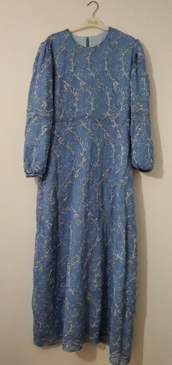 Nakışlı Mavi Uzun Kollu Bohem Elbise - Görsel 2