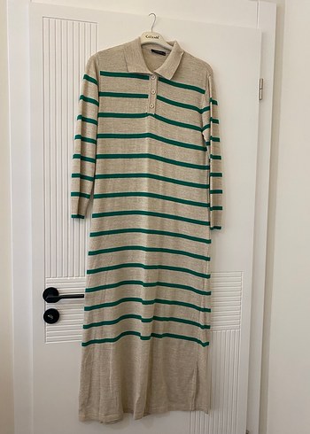 Çizgili Beyaz Uzun Triko Elbise - Görsel 2