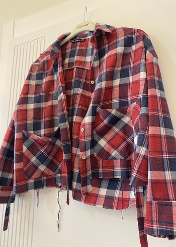 Kareli Kırmızı Düğmeli Kadın Gömlek - Görsel 2