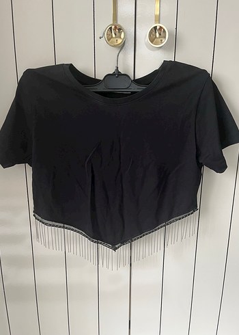 Siyah boncuklu  Kısa Kollu Crop Top - Görsel 2