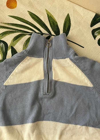 Stradivarius Mavi Beyaz Yarım Fermuarlı Triko Kazak - Görsel 3