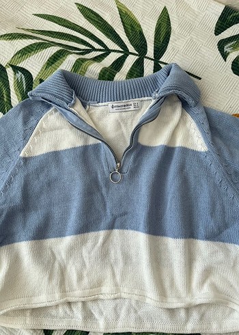 Stradivarius Mavi Beyaz Yarım Fermuarlı Triko Kazak - Görsel 2