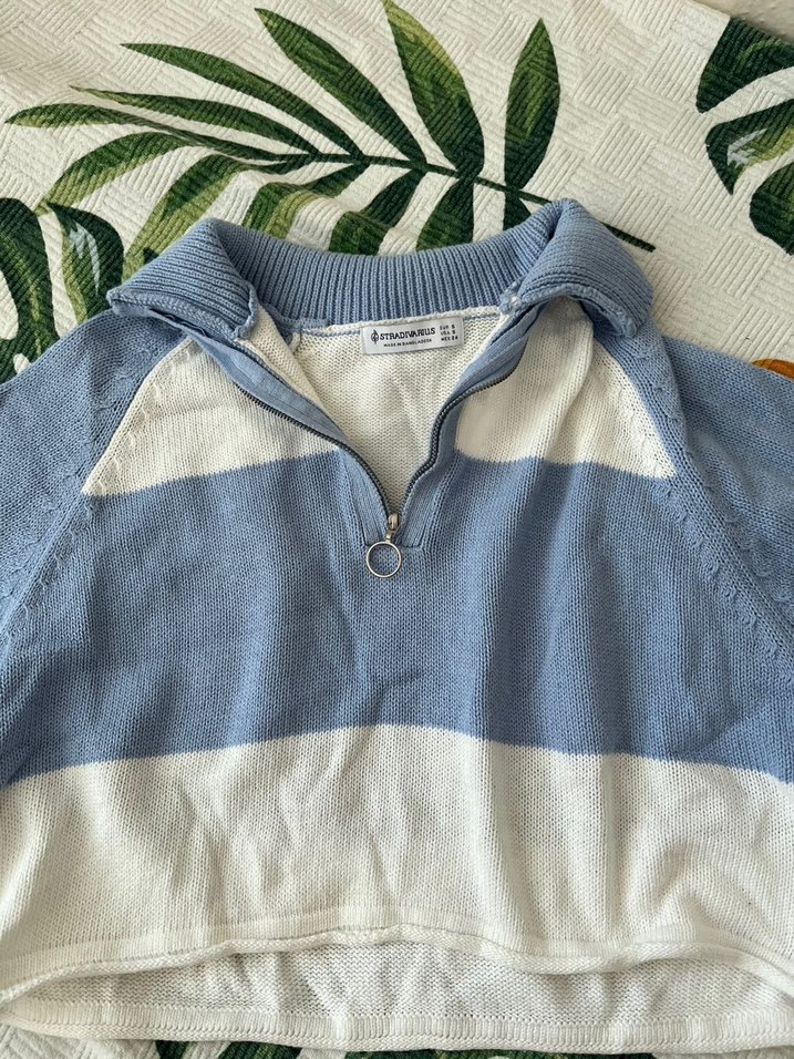 Stradivarius Mavi Beyaz Yarım Fermuarlı Triko Kazak - Görsel 2