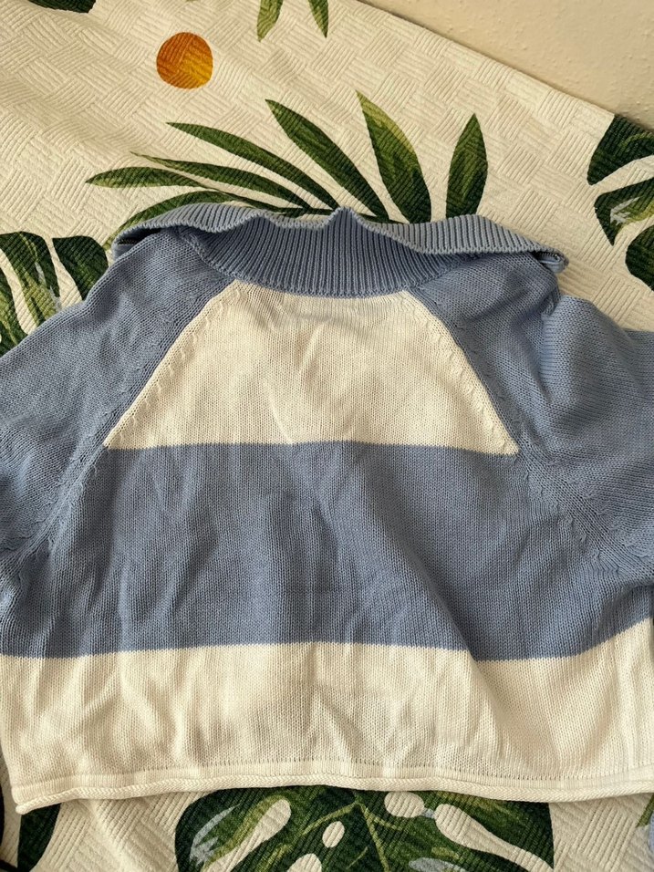 Stradivarius Mavi Beyaz Yarım Fermuarlı Triko Kazak - Görsel 5