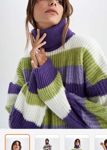 Mor Çizgili Balıkçı Yaka Örgü Kadın Kazak - Görsel 2