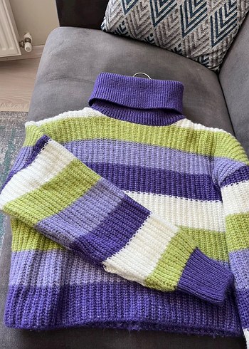 Mor Çizgili Balıkçı Yaka Örgü Kadın Kazak - Görsel 4