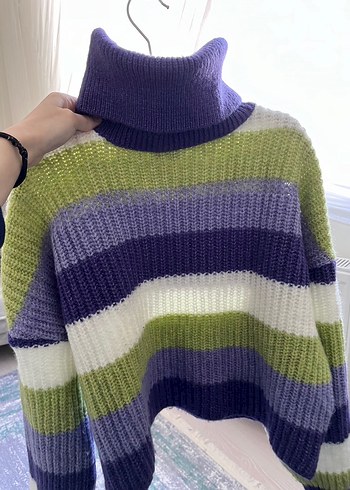 Mor Çizgili Balıkçı Yaka Örgü Kadın Kazak - Görsel 6