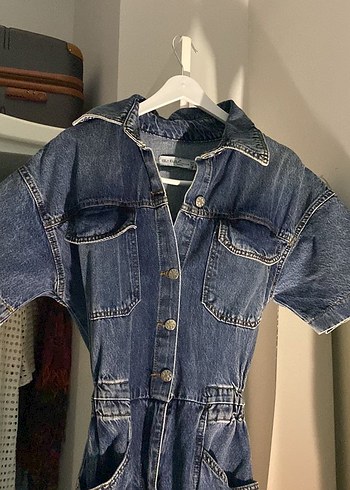 Düğmeli Kısa Kollu Mavi Denim Kot Tulum