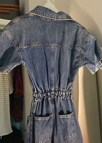 s Beden Düğmeli Kısa Kollu Mavi Denim Kot Tulum