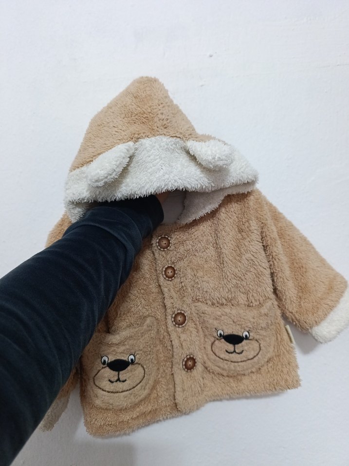 Kapüşonlu Kahverengi Erkek Çocuk Peluş Mont - Görsel 4