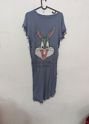 Püsküllü Gri elbise Gevşek Kesim, Kısa Kollu