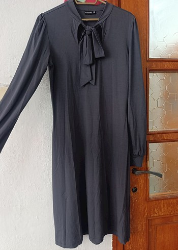 Gri Uzun Kollu Yüksek Yakalı Kadın Elbise - Görsel 4