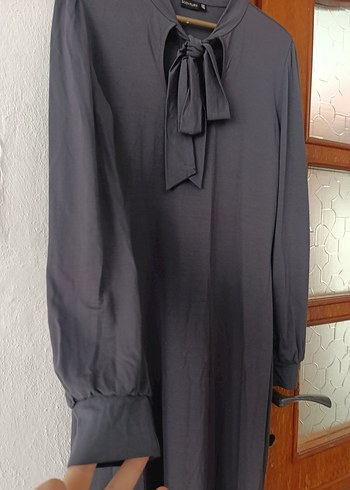 Gri Uzun Kollu Yüksek Yakalı Kadın Elbise - Görsel 2