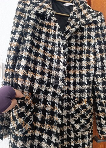 Kahverengi Ekose Düğmeli Uzun Kadın Kaban - Görsel 3