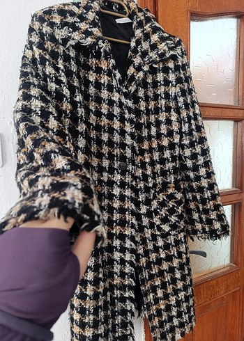 Kahverengi Ekose Düğmeli Uzun Kadın Kaban - Görsel 4