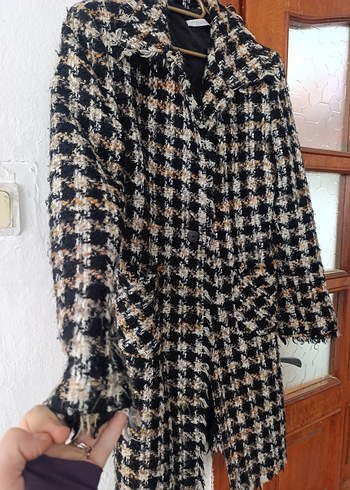 Kahverengi Ekose Düğmeli Uzun Kadın Kaban - Görsel 5