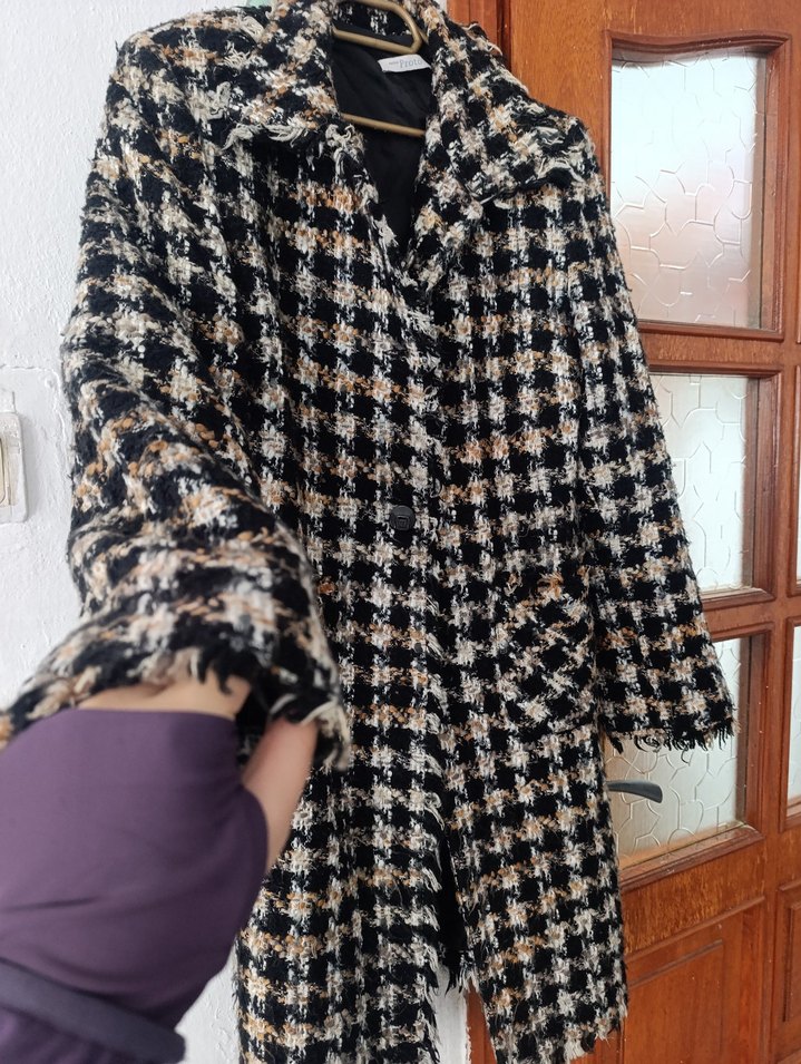 Kahverengi Ekose Düğmeli Uzun Kadın Kaban - Görsel 4