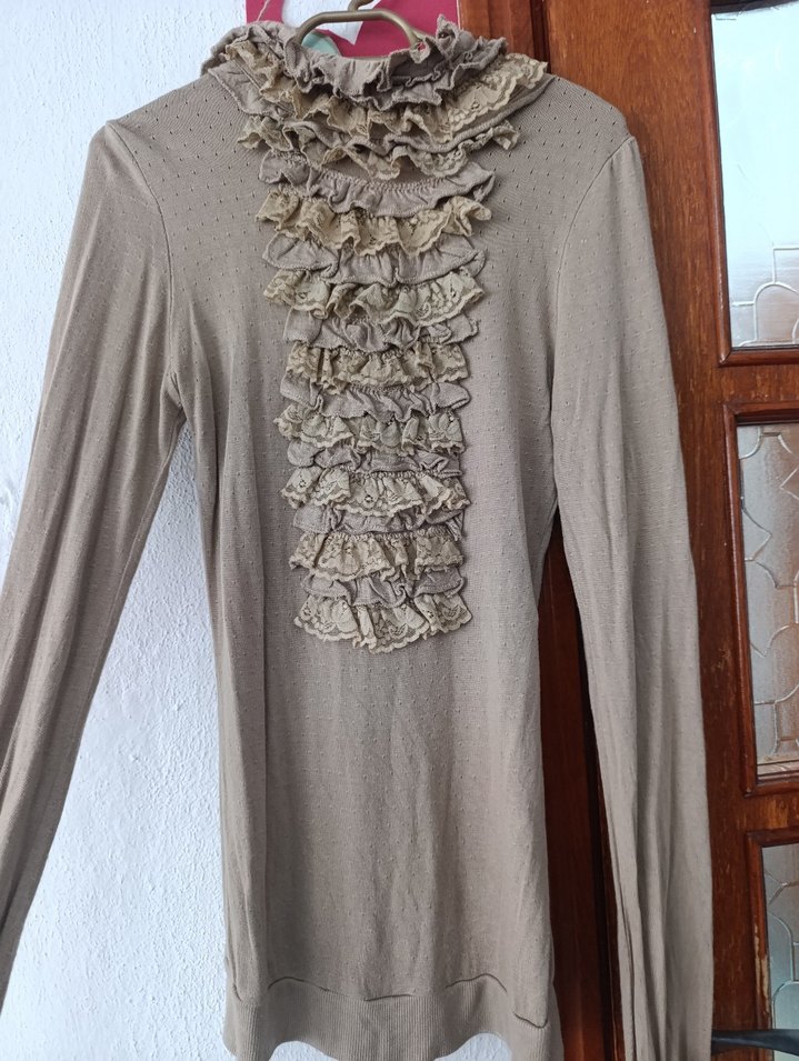 Bej Bohem Ruffles Detaylı Uzun Kollu Triko Kazak - Görsel 2