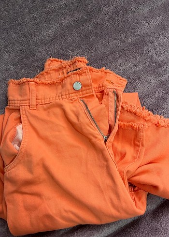 Düğmeli Turuncu Midi Keten Kadın Pantolon - Görsel 2