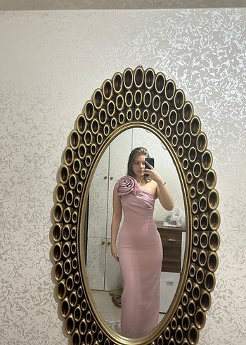Pudra Pembe Straplez Uzun Kadın Abiye Elbise