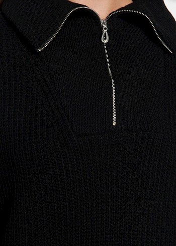 Siyah Yarım Fermuarlı Yün Triko Elbise - Görsel 4