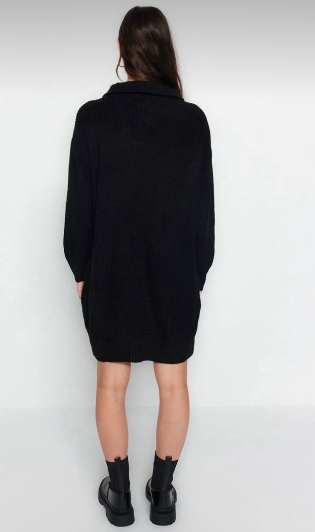 Siyah Yarım Fermuarlı Yün Triko Elbise - Görsel 3