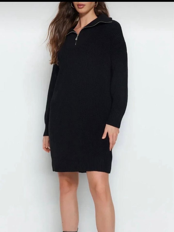 Siyah Yarım Fermuarlı Yün Triko Elbise - Görsel 2