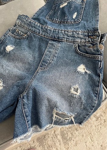 Kadın Kot Mini Tulum, Gevşek ve Askılı - Görsel 5