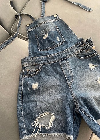 Kadın Kot Mini Tulum, Gevşek ve Askılı - Görsel 3